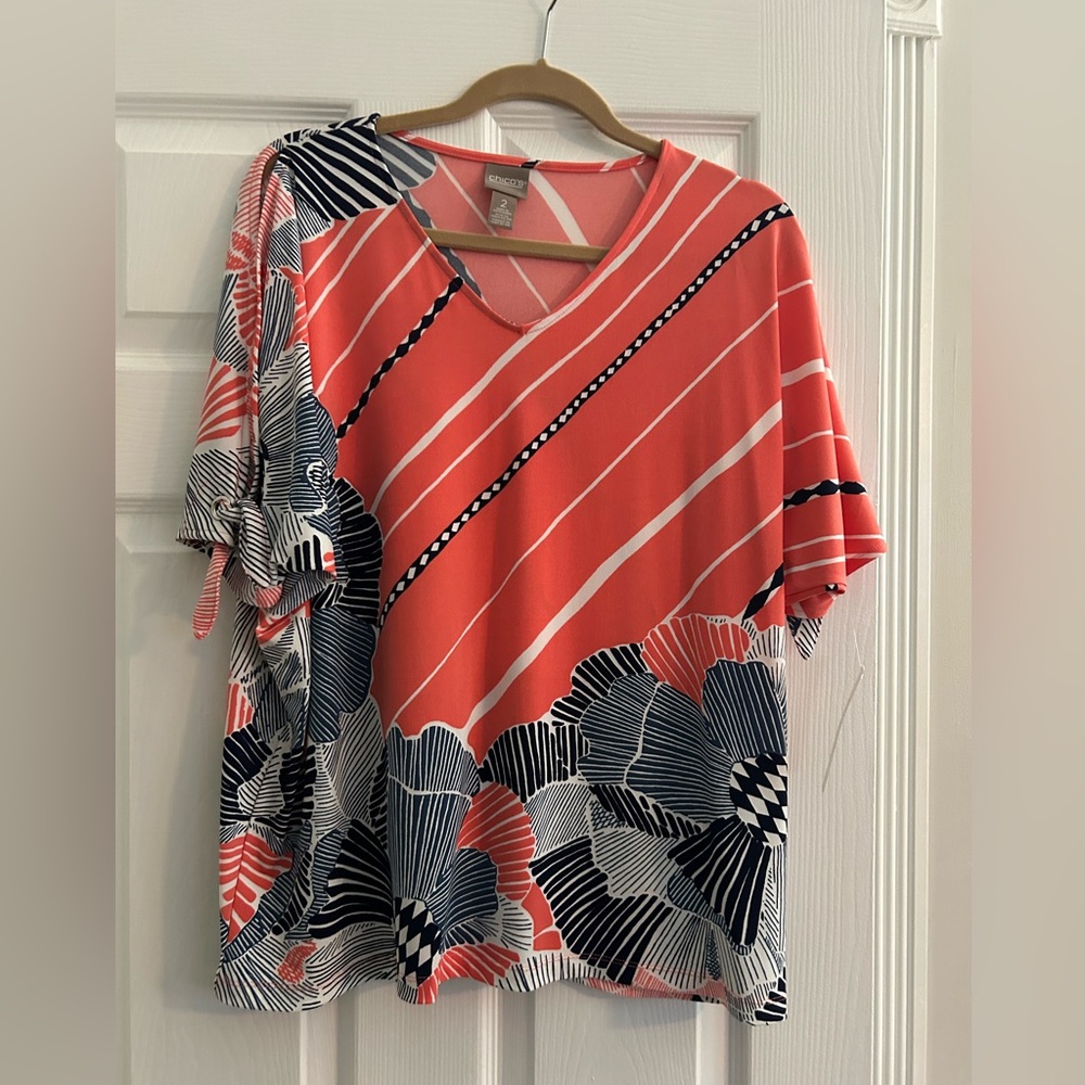 Striped Floral Split-Shoulder Grommet-Sleeve Tee Size 2 BNWT Color-Melon Mambo